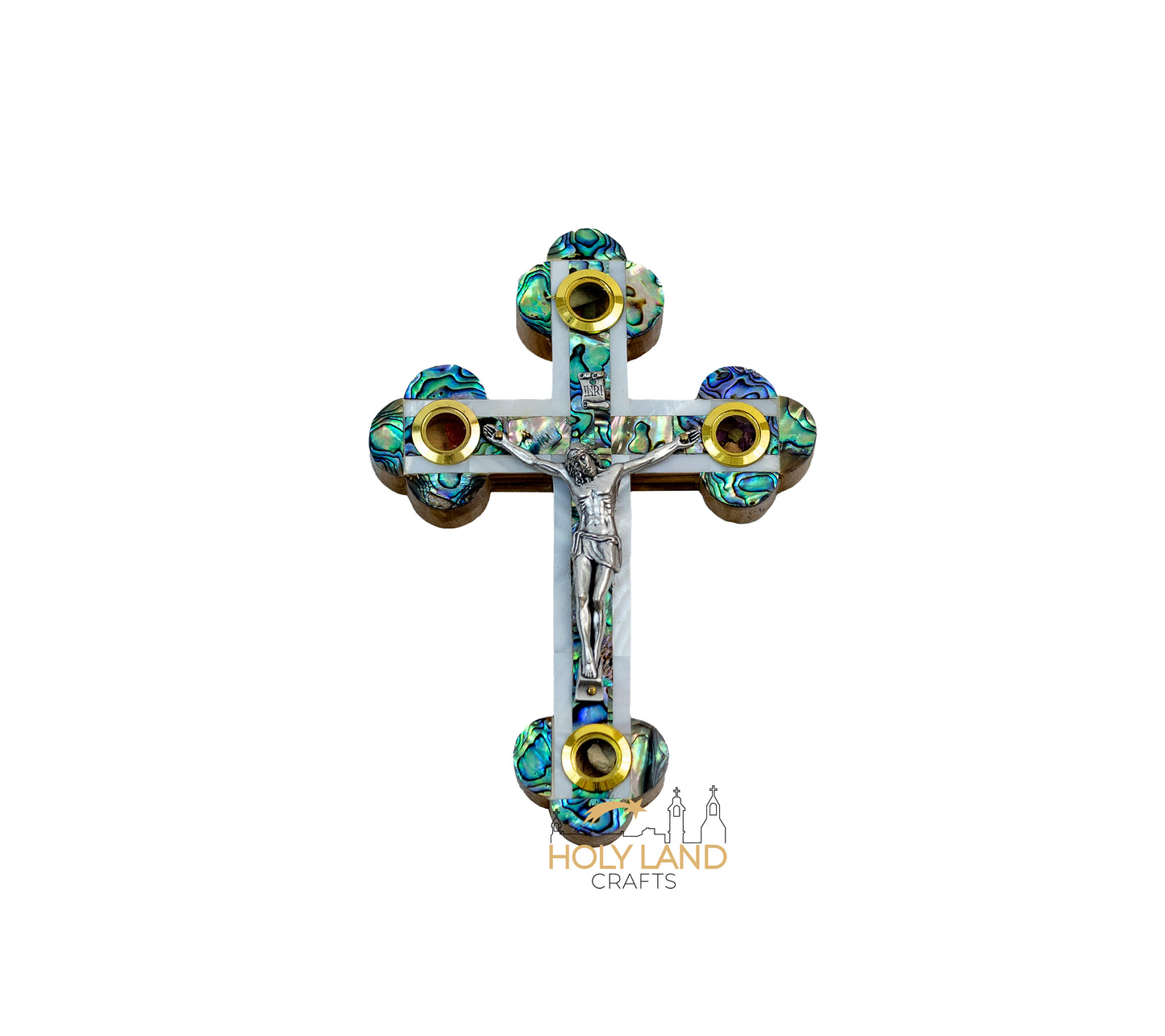 5″ Olive Wood Crucifix with Abolone and Mother of pearl