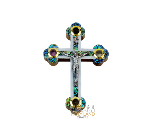 5″ Olive Wood Crucifix with Abolone and Mother of pearl